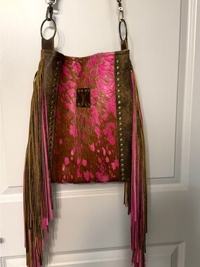 Keep It Gypsy Lg Fringed Brown & Pink Cowhide and Leather Crossbody Upcycled